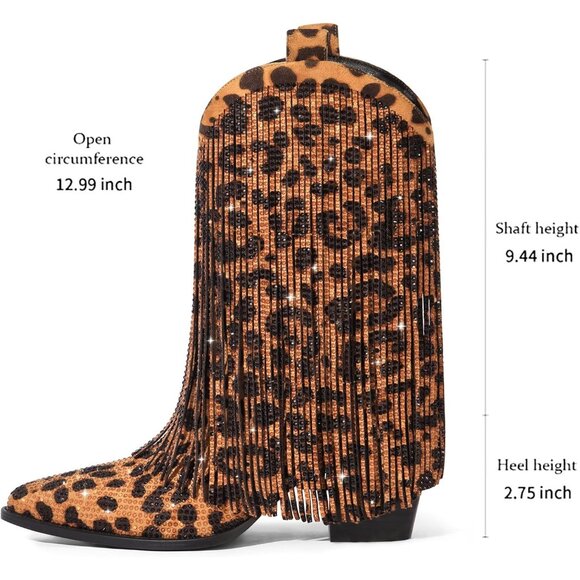 ⚡Women's Leopard Ankle Boots Western Rhinestone Sparkly Fringe Chunky Heel - Picture 6 of 7